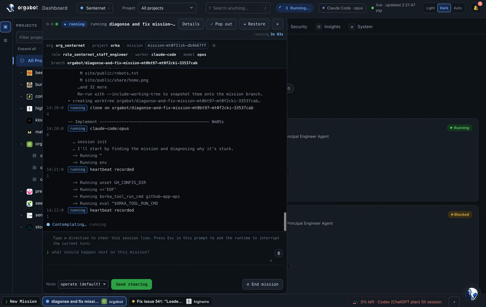 A running Orgabot mission session: the org, project, role, worker, model, and isolated git branch across the top, a live worker transcript below it, and a prompt for steering the session or ending the mission.